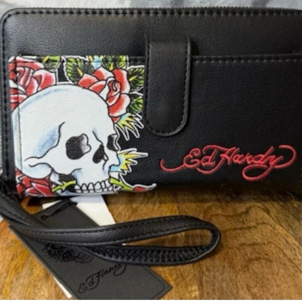Ed Hardy Black Wallet with Skull and Rose Design